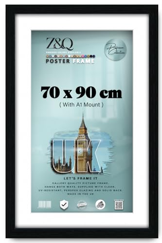 Z&Q Black Picture Frame with White Mount 70x90cm For A1 Print Wall Poster Frame - Portrait and Horizontal Wall Hooks Photo Frame for Display Pictures-Jigsaw Puzzle-Art Work