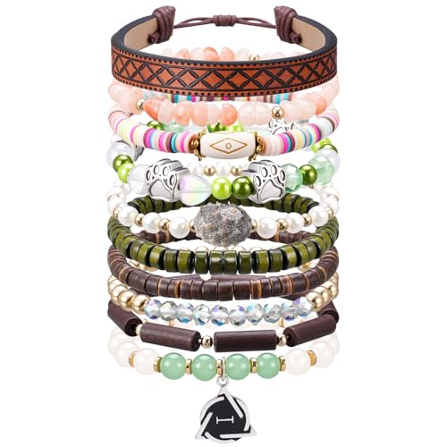 Nosiny 10pcs Therian Bracelets Fairy Grunge Stacking Leather Beaded Stretch Bracelet Therian Pride Symbol Accessory with Paw Designs for Cosplay Gift