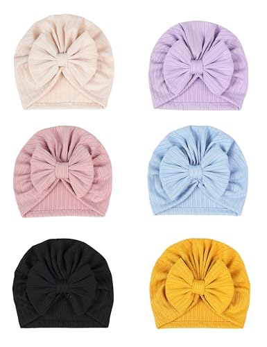 Image of ZURLEFY 6 PCS Stretchy Baby Turban Hats, Baby Hat with Bows for Girls, Baby Boys Caps, Toddler, Newborn, Infant Hat Unisex