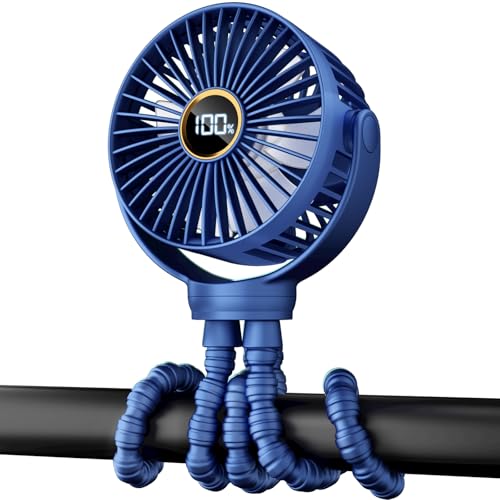 Image of Portable Stroller Mini Fan, Small Rechargeable Personal Fan, Travel Essentials for Baby, Wagon, Car Seat, Treadmill, Battery Powered Biking Gear Accessories, 360° Rotation, 3-Speed, Display, Blue