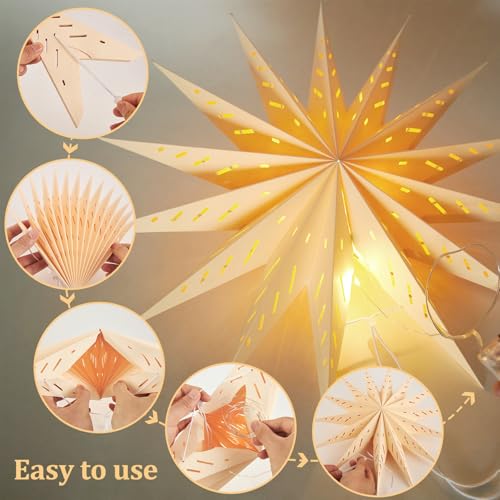 Image of SUNBEAUTY 14-Pointed 18 Inch Hollow Out Paper Star Lanterns Brown White Christmas Lanterns Hanging Lamp Paper Decorations Shade Wedding Birthday Christmas Home Party Decorations