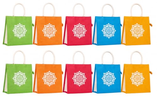Image of Soman Jute Ecofriendly Return Gift Bags Rangoli Printed Colorful bags with Zip Pack of 10 Bags