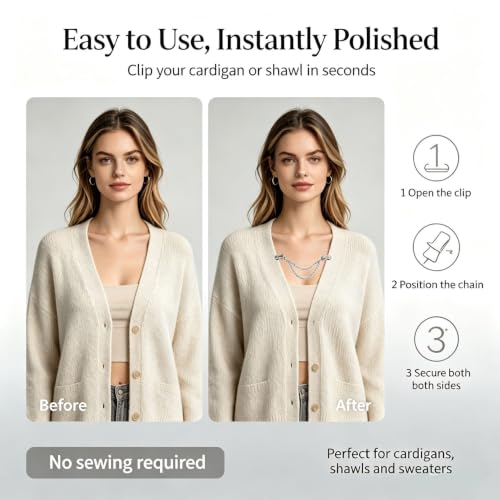 Image of Chain Collar Pins Heart Stone Cardigan Sweater Clip Top Cinch Clip
