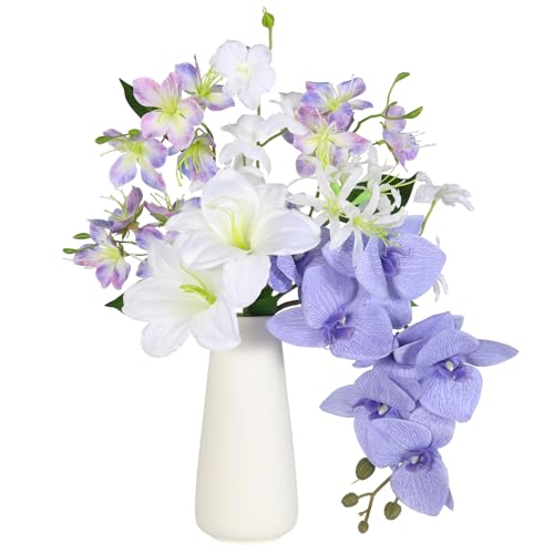 Hawesome Artificial Flowers in Vase Fake orchid Flowers with Vase Fake Floral for Table Centerpieces,Artificial Orchid for Baby Shower, Home Kitchen Office Coffee Shop Decorations (Purple White)