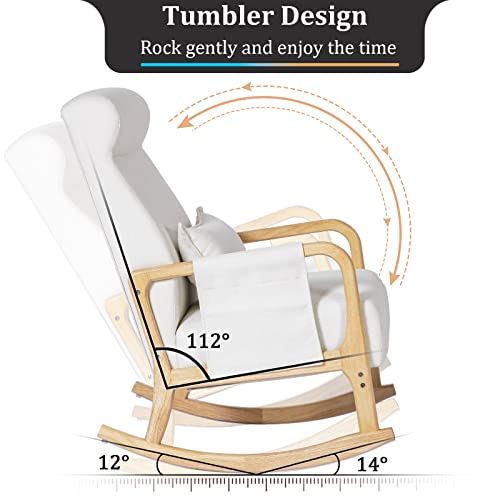 Noblemood Rocking Chair With Ottoman And Lumbar Pillow, Thickened Sponge High Back Nursery Rocker Wood Glider Chair With Mute Foot Pad For Living Room, Reading(Beige & White) #TOP2