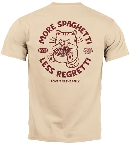 Neverless® T-shirt pour homme avec imprimé chat dans le dos et inscription « Pasta Lovers », Spaghetti naturel, L