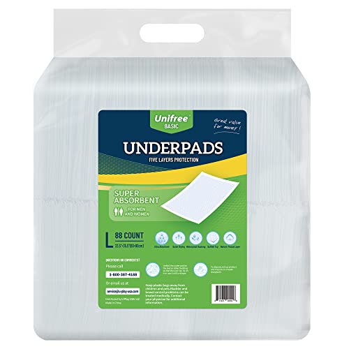 Unifree Disposable Underpads, Bed Pads, Incontinence Pad, Super Absorbent, 88 Count, Blue (L 23.5x35.5 Inch)