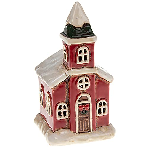 Village PotteryChristmas Cornish Lantern Red Church Tea Light Holder - 15cm