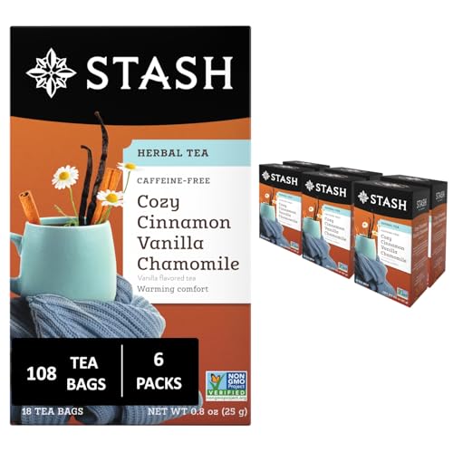 Image of Stash Tea Cozy Cinnamon Vanilla Herbal Tea - Naturally Caffeine Free, Non-GMO Project Verified Premium Tea with No Artificial Ingredients, 18 Count (Pack of 6) - 108 Bags Total