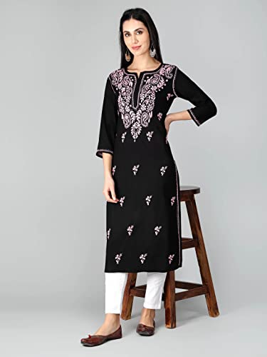 Image of Seva Chikan Hand Embroidered Lucknowi Chikankari Regular Straight Cotton Kurta Kurti for Women SCL4243