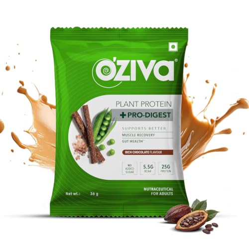 Image of OZiva Plant Protein + Pro-Digest | 25g Protein | Supports Muscle Recovery | Assorted Flavours | 180g