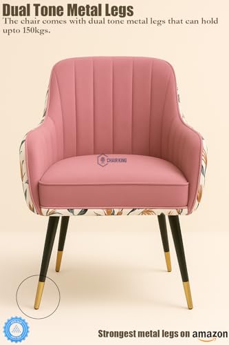 Image of Barfi Velvet Dining Chair Set of 2 with Soft Velvet, Padded seat, armrests and Strong Metal Legs. A Modern, Comfy Chair for Home, Office and Restaurants. (Pink Floral Set)