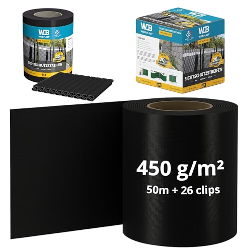 WDB - Sichtschutzstreifen für Doppelstabmatten Sichtschutz Zaun - 19 cm x 50 m + 26 Stück Befestigungsclips - PVC Windschutz Basic Line - Schwarz - RAL 9005