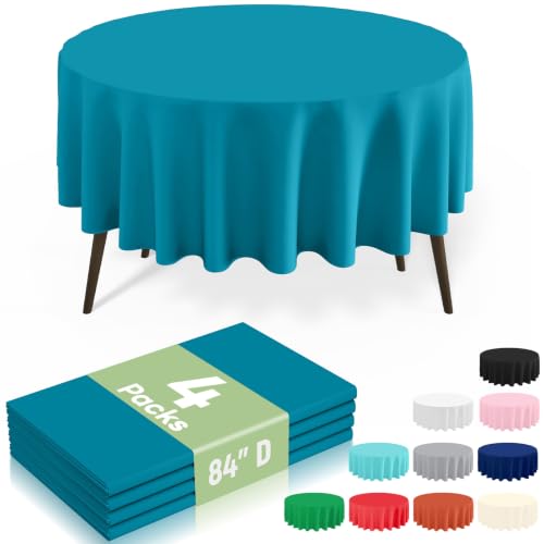Image of misaya 4 Packs Disposable Plastic Table Cloth, 84 inch Round Waterproof Tablecloth, Leakproof & Sturdy Decorative Table Covers for Picnic, Party, Outdoor and Back to School, Turquoise