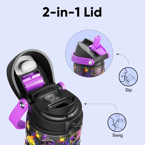 Image of Insulated Water Bottle with Straw - Encool Stainless Steel Water Bottle with Push Button Lid, Leak-Proof & BPA-Free, Keeps Cold for 24 Hours for Sports, Travel, Gym (24 oz, Ghost Party)