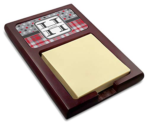 Personalized Red & Gray Dots and Plaid Red Mahogany Sticky Note Holder