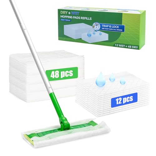 60 Count 2-in-1 Dry + Wet Mopping Cloths Kit for Swiffer Sweeper Mop, Disposable Mop Pads Refill Includes 48 Dry Sweeping Cloths & 12 Wet Pads Refills for Multi-Surface Floor (Mop not Included)