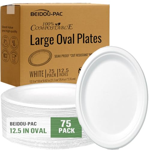 BEIDOU-PAC Compostable Heavy Duty Disposable Oval Paper Plates, 75 Count | 12.5 Inch | Natural Bagasse, Biodegradable Eco-Friendly Sugarcane BBQ, Party, Gathering, Picnic White Sugarcane Tray BEIDOU-PAC Compostable Heavy Duty Disposable Oval Paper Plates, 75 Count | 12.5 Inch | Natural Bagasse, Biodegradable Eco-Friendly Sugarcane BBQ, Party, Gathering, Picnic White Sugarcane Tray