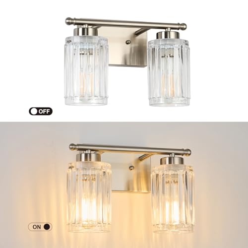 Image of 2 Light Bathroom Light Fixtures Modern Brushed Nickel 12 Inch Vanity Lights for Bathroom Lighting Fixtures Over Mirror with Thickened Glass Shade for Cabinet Mirror Bedroom Hallway