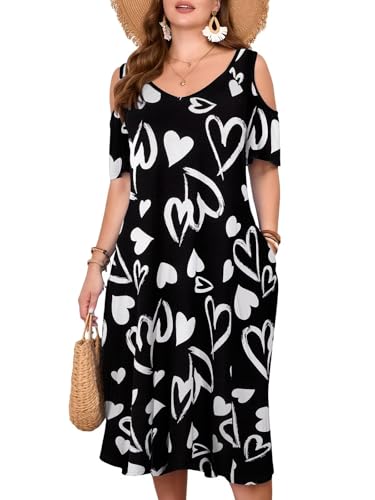 Image of LARACE Plus Size Women Dress for Summer, Midi Women's Sundress, Casual V-Neck Short Sleeve Flowy T-Shirt Dresses with Pockets