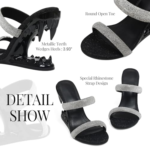 Image of Goiphrri Wedge Sandals for Women Strappy Heels Round Open Toe Heels Metallic Shark Tiger Teeth heeled Sandals Flip Flops Thong Womens Mules Slip on Party Dress Wedding Ceremony