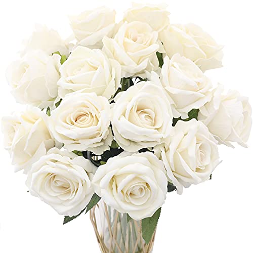 Cloudecor 15Pcs Artificial Roses Velet Real Touch Single Stem Fake Roses Silk Realistic Bouquet Flowers Arrangements Home Office Garden Grave Party Wedding Decoration(Cream White-15P, Blossom Roses) #TOP3