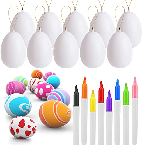 UFUNGA 30 Pcs White Blank Easter Eggs with 8 Pens, Hanging Plastic Easter Eggs with Rope, Artificial DIY Creative Decoration Eggs for Party Favors