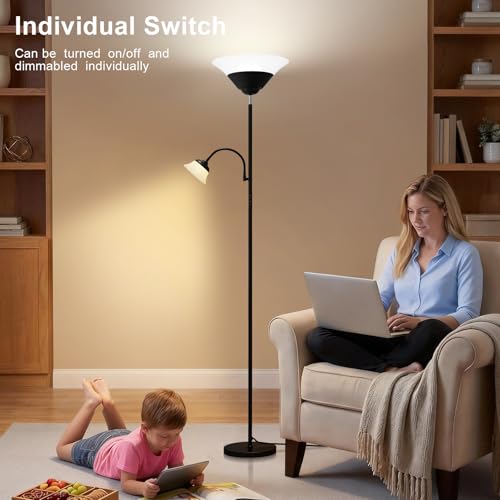 Image of SIBRILLE 2-in-1 Torchiere Floor Lamp, 34W Super Bright LED Standing Lamp with Remote & Touch Control, 72 inch Dimmable Adjustable Corner Reading Lamp for Living Room, Bedroom, Office, Black