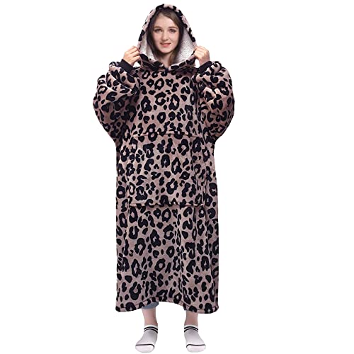 Image of Waitu Wearable Blanket Sweatshirt Gifts for Women and Men, Sherpa Wearable Blanket Hoodie, Oversized Thick Sherpa Hoodie Blanket, Body Blanket Robe - Leopard