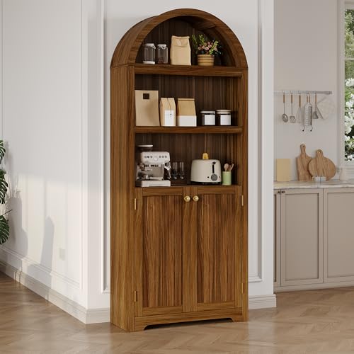 GAOMON 72'' Tall Arched Cabinet, 5 Tier Arched Bookshelf with Double Doors & Adjustable Shelf, Wooden Bookcase with Storage for Living Room, Bedroom, Study, Kitchen, Home Office, Walnut Color
