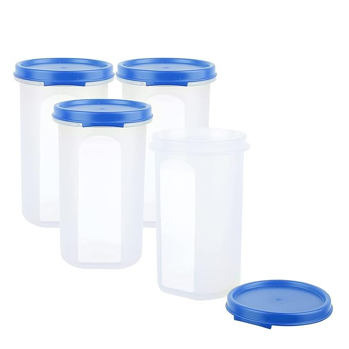 Image of SIMPARTE Smart Slim Storage Air-Tight & Leak Resistant Plastic Round Modular Container - For Juice, Snacks, Spices, Chia Seeds, Stackable, BPA Free, Food Grade (585 ML, Light Blue, Set of 4)
