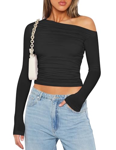 Zeagoo Womens Long Sleeve Off The Shoulder Casual Crop Tops Boat Neck Going Out Slim Fit Y2K T Shirts 2025
