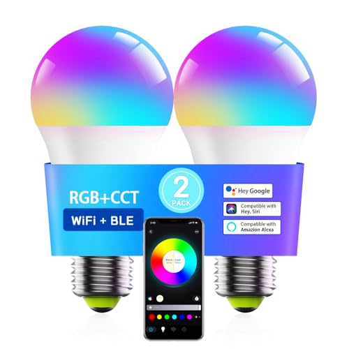 POIUYTO LED Smart Glühbirne E27 WLAN LED Lampe RGBWW dimmbare mit 16 Millionen DIY-Farben 800LM Smart home Alexa Zubehör Sprachsteuerung Funktionieren mit Alexa Google Assistant 2 Stück
