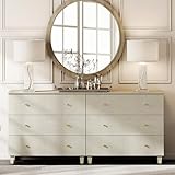 WAMPAT Dresser with 6 Drawers for Bedroom, 70.8" Wide Wooden Chest of Drawers, Modern Closet Storage Organizer Dressers with Solid Wood Legs for Living Room, Children's Room, Nursery, Beige