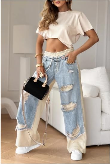 Women's Denim Trousers with Stitching and Ripped Design, Elastic High Waist Wide Leg Streetwear Pants Cool Jeans2