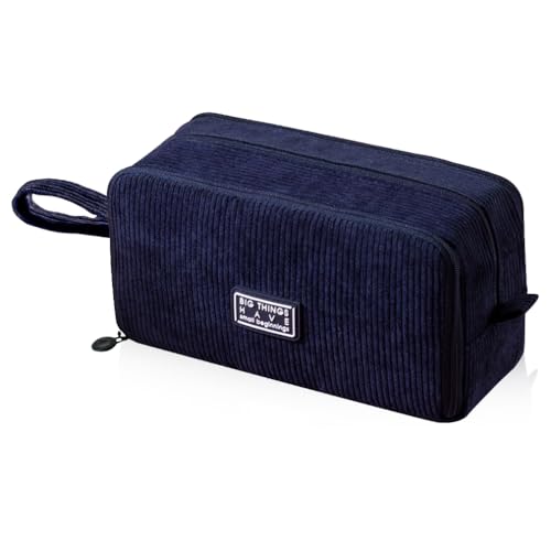 Image of iSuperb Big Capacity Corduroy Pencil Case 3 Compartments Pen Pouch Simple Organizer Bag Large Capacity Pencil Box for Adults (Navy Blue)