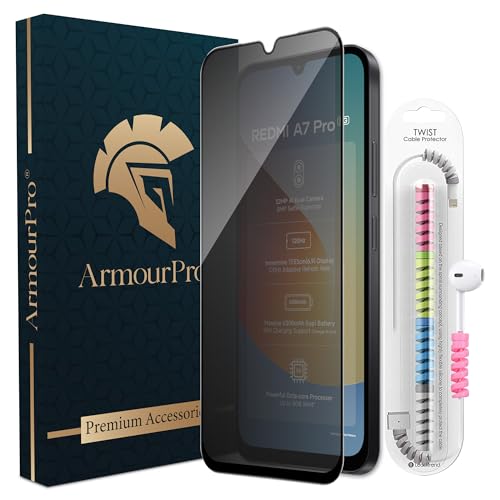 Image of ArmourPro Privacy Tempered Glass for Redmi A7 Pro, Redmi15c and Poco C85x, Anti Spy Anti Peeping Screen Protector, Edge-to-Edge Full Coverage, 9H Hardness with Cable Protector | Black
