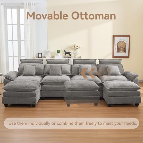 Image of 134'' Cloud Modern 4 Seater Couch with Detachable Headrest, Modular Sectional Sofa with 2 Ottoman, Oversized U Shape Chenille Comfy Sofa with Armrests for Living Room, Light Grey
