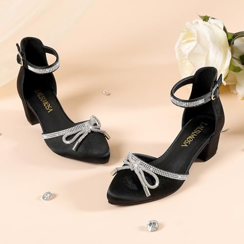 Image of LAURMOSA Girls Sandals Closed Toe High Heels Pointed Toe Ankle Strap Pumps Flower Girl Dressy Shoes in Wedding Party Cute Bowknot Chunky Block Heeled for Little Big Kids