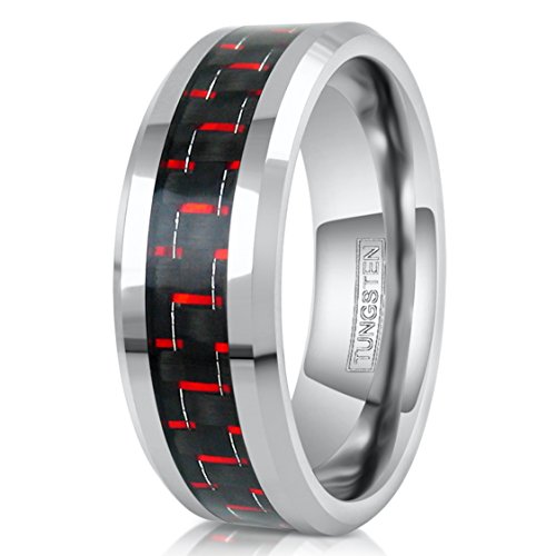 King's Cross Dazzling 8mm Silver-Tone Tungsten Carbide Wedding Band w/Red & Black Carbon Fiber Inlay