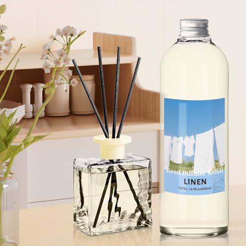 Image of STRN Linen Reed Diffuser Refill 500ml with 6 Natural Reed Sticks, Smooth Aromatherapy for Home, Cozy Comfort Fragrance for Bedroom, Closet, Bathroom