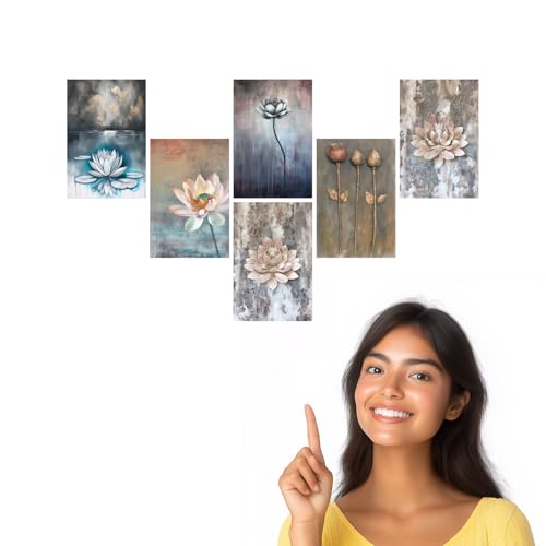 Image of SiddArtify Serene Lotus Flower Art Print Set - Teal Grey and Rose Gold - Set of 2-4x6 Inch - Board (Pack of 6) - Sticker (Pack of 6) Wall Room Decoration art Poster Prints