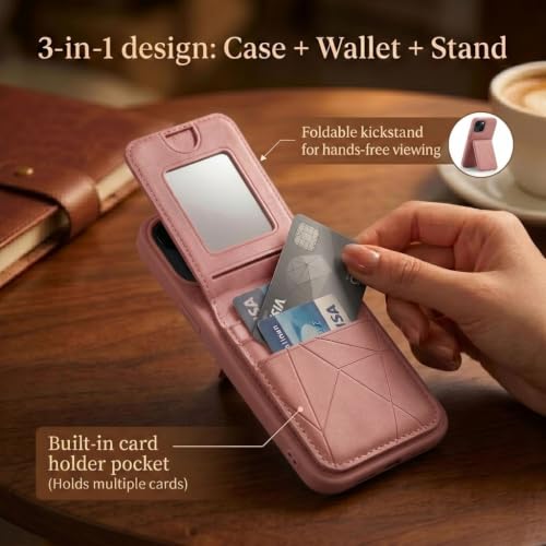 Image of amazon basics Premium Vegan Leather Back Cover with Card Holder and Integrated Mobile Stand for iPhone 14 - Slim Shockproof Wallet Case with Geometric Stitching [Pink]