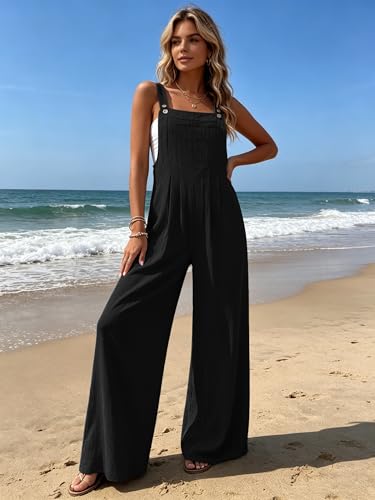 Ekouaer Womens Casual Loose Overalls Jumpsuits Summer Outfits Wide Leg Pants Rompers with Pockets Black Large — view 2