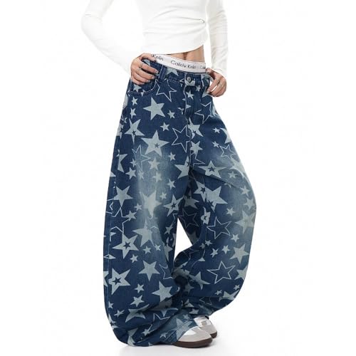 Y2K Retro Star Printed Washed Denim Jeans Suitable for Both Men and Women, Loose and Casual Wide Leg Pants4