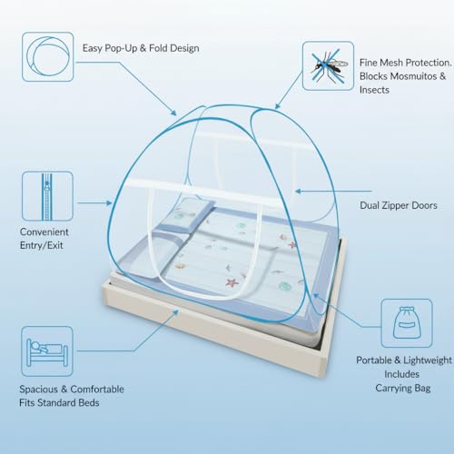 Image of Rainspire Foldable Mosquito Net for Double Bed King Size - Breathable Fine Mesh, with Handle, Heavy Duty Portable Collapsible Mosquito Protection Net for Bedroom Indoor Use - Blue