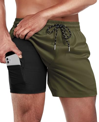 Image of Gleeease 5inch Mens Swim Trunks: 2 in 1 with Compression Liner Lined Soft Stretch Quick Dry Solid Pockets Drawstring Beach