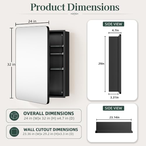 Image of 24x32 Black Medicine Cabinet with Mirror, Recessed & Surface Mount