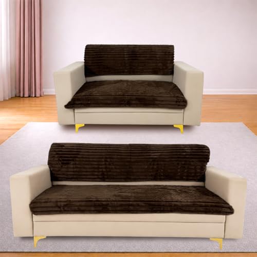 Image of Homerz Premium Rabbit Fur Sofa Cover with Anti-Skid Backing, Soft Plush Fabric Sofa Protector for Living Room Furniture (Brown, 5 (3+2) Seater, Seat Cover with Backrest)