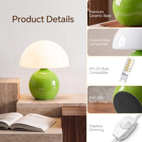 Image of Dawnwake Mushroom Lamp Table Lamp for Bedroom-Small Desk Table Lamps,Green | 8.7 inch Mid Century Modern Table Lamps for Living Room Bedroom Decor,Cute Ceramic Lamps for Mushroom Home Room Decor,Glass Shade
